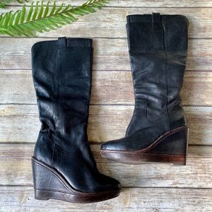 Frye Paige Wedge Black Leather Knee High Boots